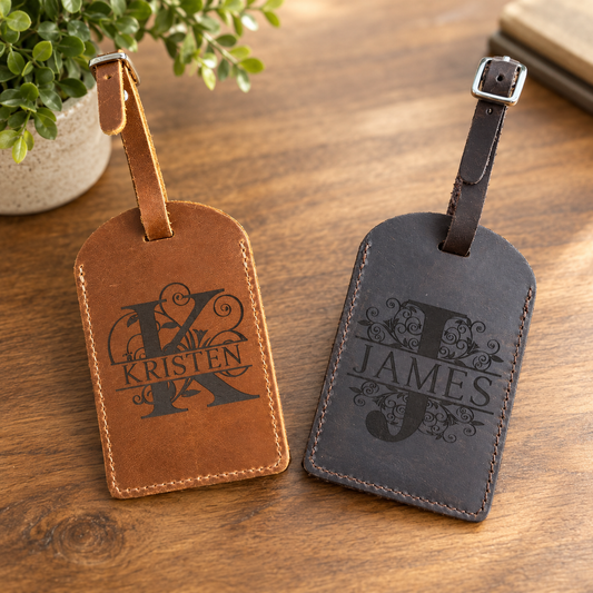 Custom Engraved Monogram Leather Luggage Tags